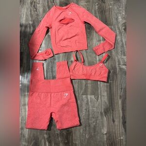 Gymshark Coral Leggings and sports bra and long sleeve top Set